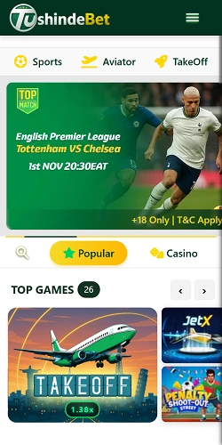 Tushinde Bet mobile app interface